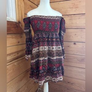 Boho Dress Paisley Peasant Off Shoulder Flare Sleeve Women Medium Victorian Dark